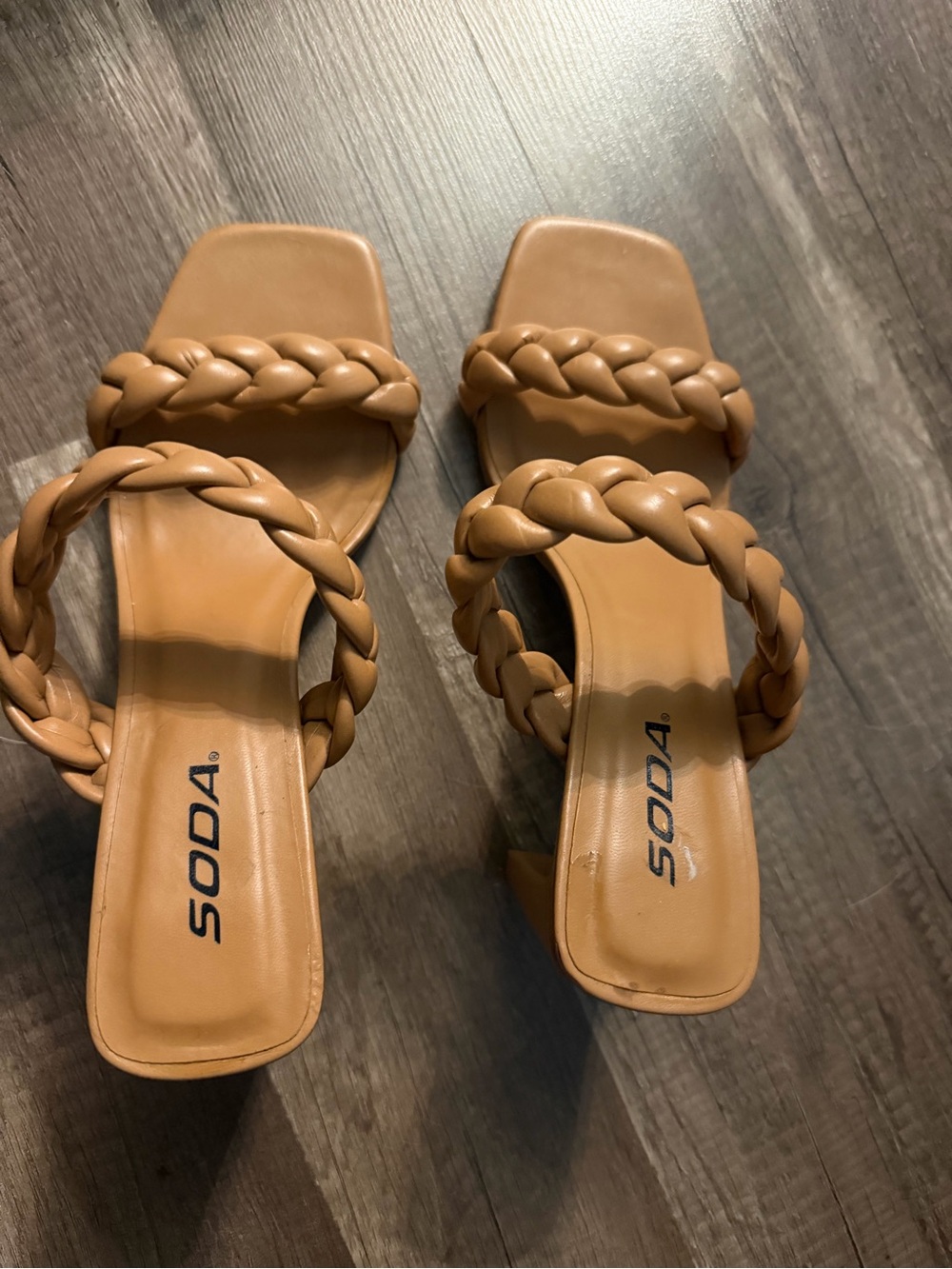 Soda Braided Strap Heeled Slide Sandals in Tan